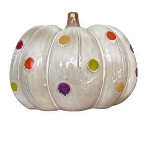 White Ceramic Pumpkin Multi Color Polka Dots Decor Fall Halloween Autumn READ